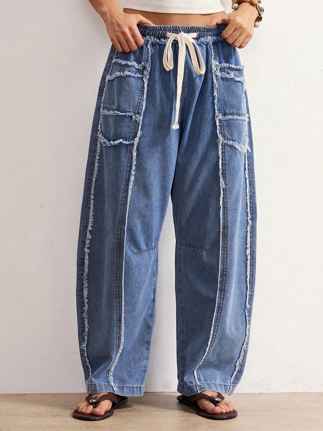 Bohemela BOHO Women's Autumn Blue White Striped Denim Pants Vintage Washed Distressed Frayed Raw-Hem Casual Solid Woven Pants For Vacation Y2K Music Festivals
