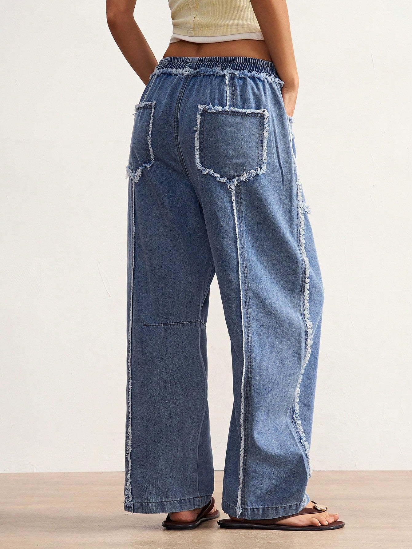 Bohemela BOHO Women's Autumn Blue White Striped Denim Pants Vintage Washed Distressed Frayed Raw-Hem Casual Solid Woven Pants For Vacation Y2K Music Festivals