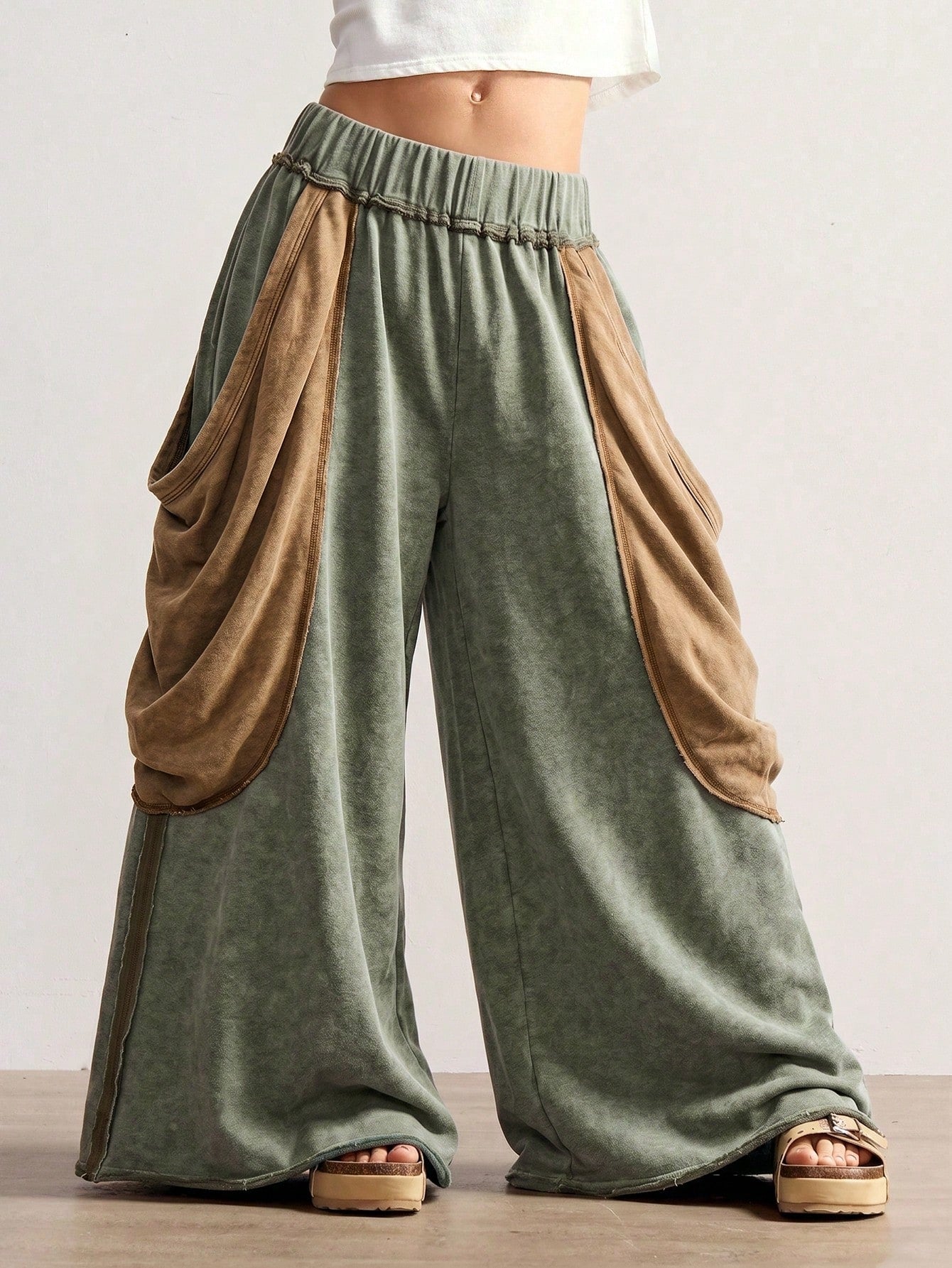 Bohemela Casual Rustic Knit Color Block Loose Wide Leg Washed Women Pants Date Holiday Panlakad Gray Autumn