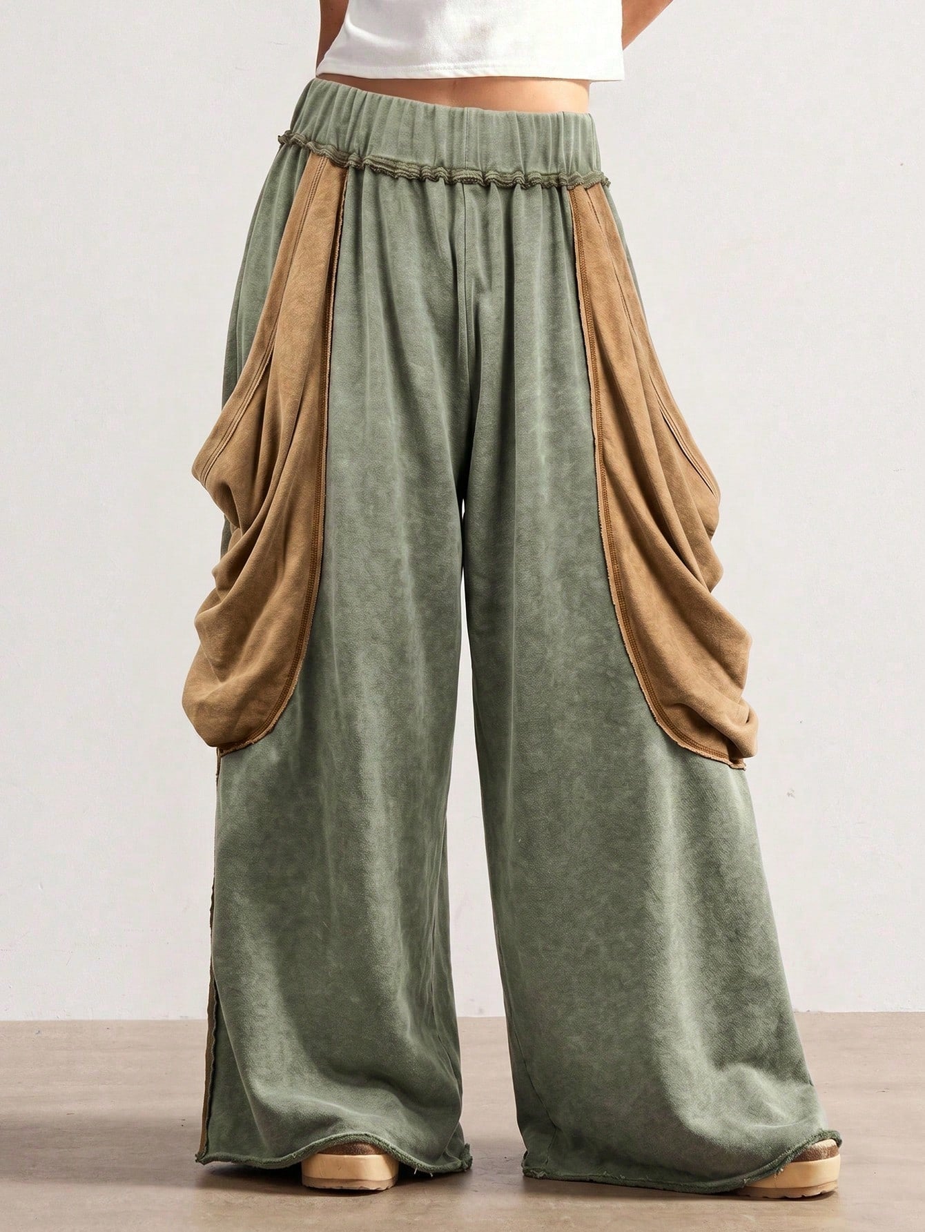 Bohemela Casual Rustic Knit Color Block Loose Wide Leg Washed Women Pants Date Holiday Panlakad Gray Autumn