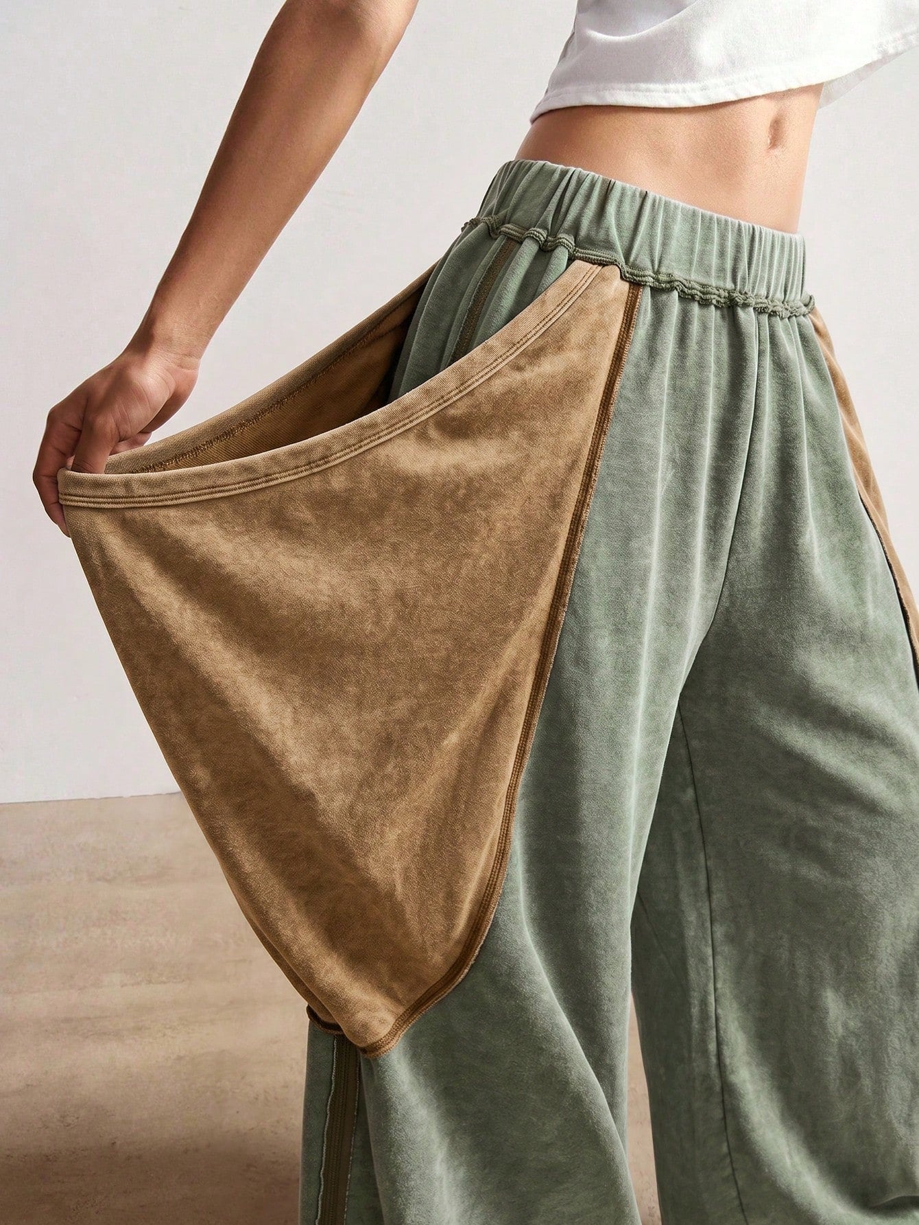 Bohemela Casual Rustic Knit Color Block Loose Wide Leg Washed Women Pants Date Holiday Panlakad Gray Autumn