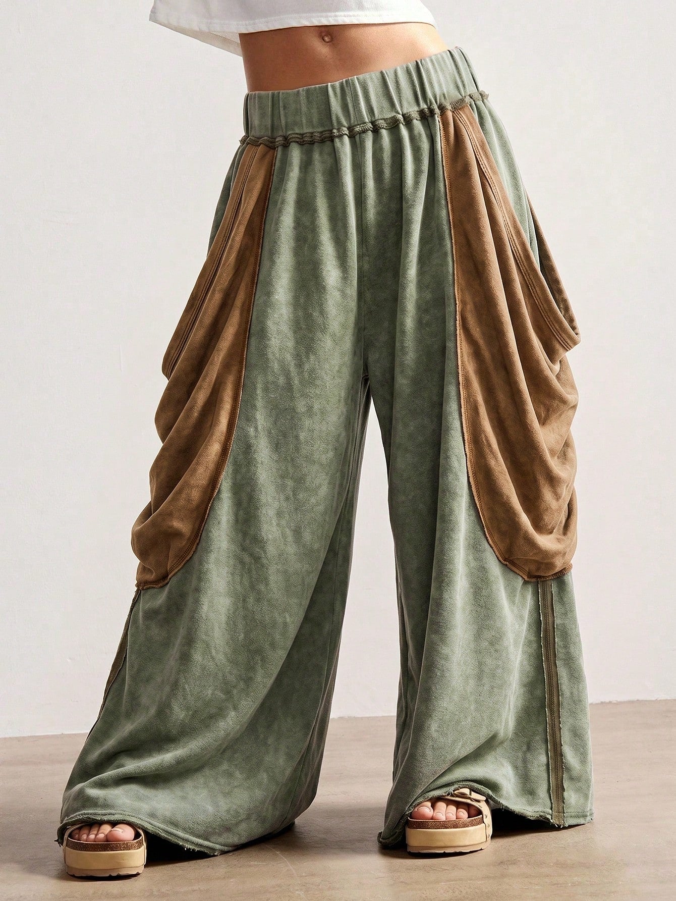 Bohemela Casual Rustic Knit Color Block Loose Wide Leg Washed Women Pants Date Holiday Panlakad Gray Autumn