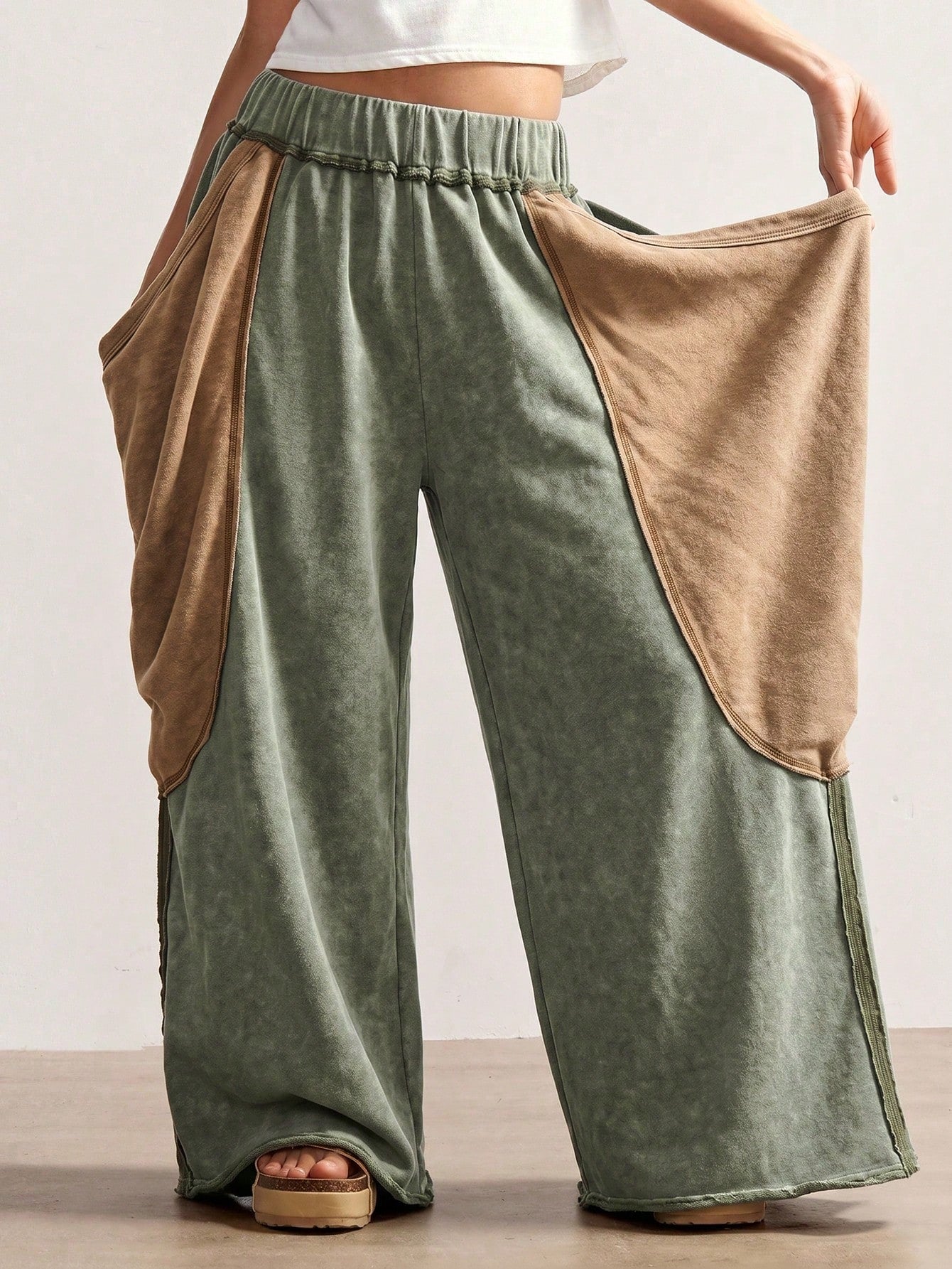 Bohemela Casual Rustic Knit Color Block Loose Wide Leg Washed Women Pants Date Holiday Panlakad Gray Autumn