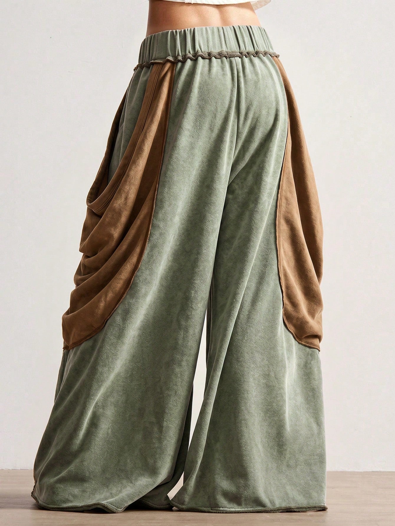 Bohemela Casual Rustic Knit Color Block Loose Wide Leg Washed Women Pants Date Holiday Panlakad Gray Autumn