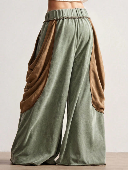 Bohemela Casual Rustic Knit Color Block Loose Wide Leg Washed Women Pants Date Holiday Panlakad Gray Autumn