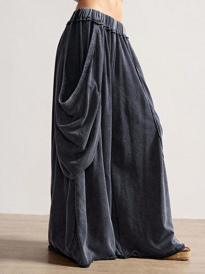 Bohemela Casual Rustic Knit Color Block Loose Wide Leg Washed Women Pants Date Holiday Panlakad Gray Autumn