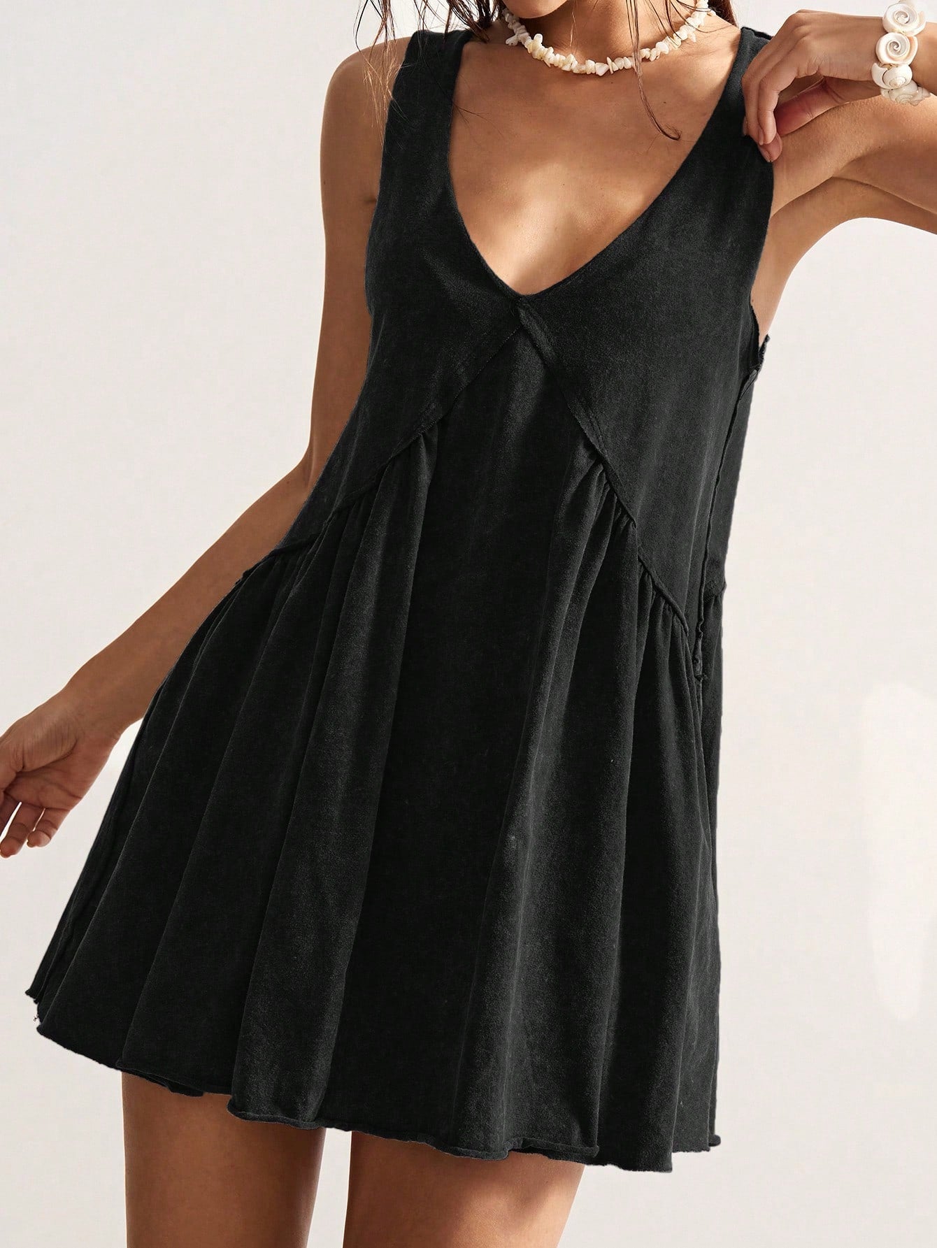 Bohemela Casual Solid Color Knit V-Neck Loose Women Mini Dress Black Summer Vacation Dresses For