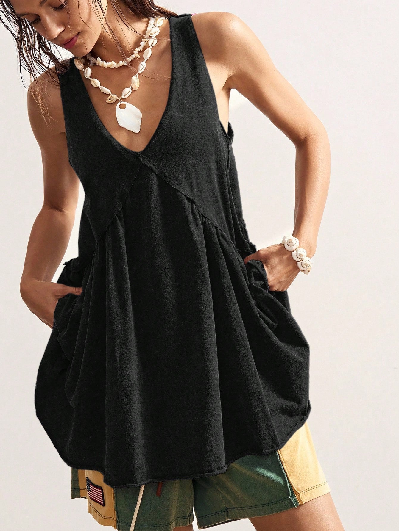 Bohemela Casual Solid Color Knit V-Neck Loose Women Mini Dress Black Summer Vacation Dresses For