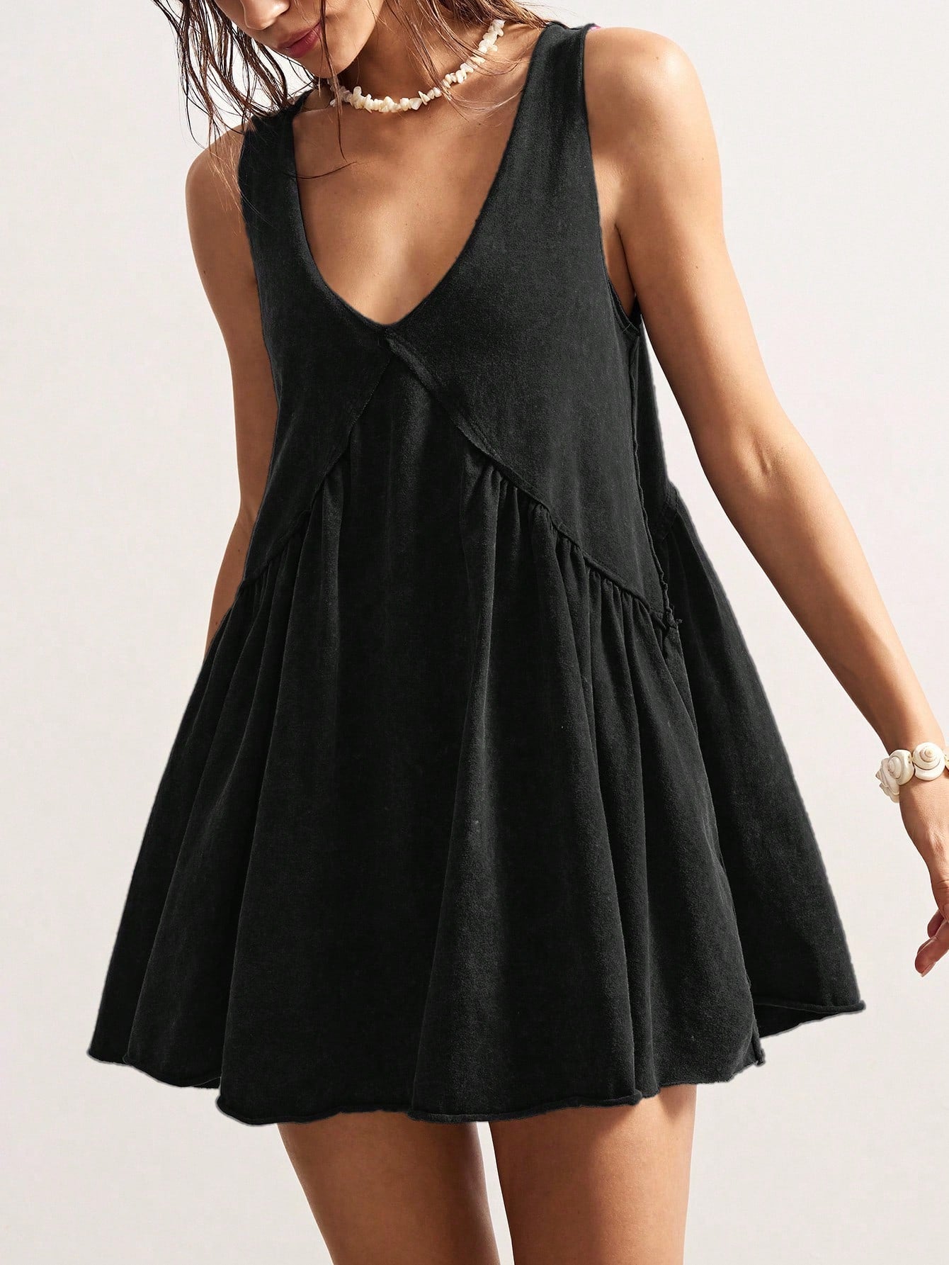 Bohemela Casual Solid Color Knit V-Neck Loose Women Mini Dress Black Summer Vacation Dresses For