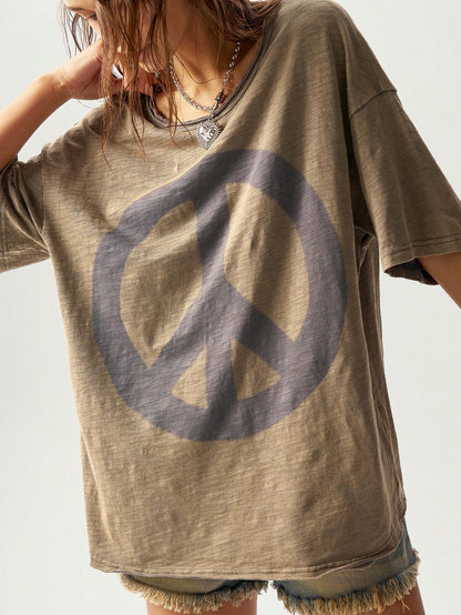 Bohemela Plain Knit Loose Fit Crew Neck Short Sleeve Plus Size T-Shirt,Vintage Smart Casual Vacation Olive Green Summer