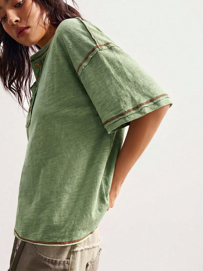 Bohemela Plus Size Women's Button Half-Placket Dropped Shoulder Sleeve Shirt Summer
