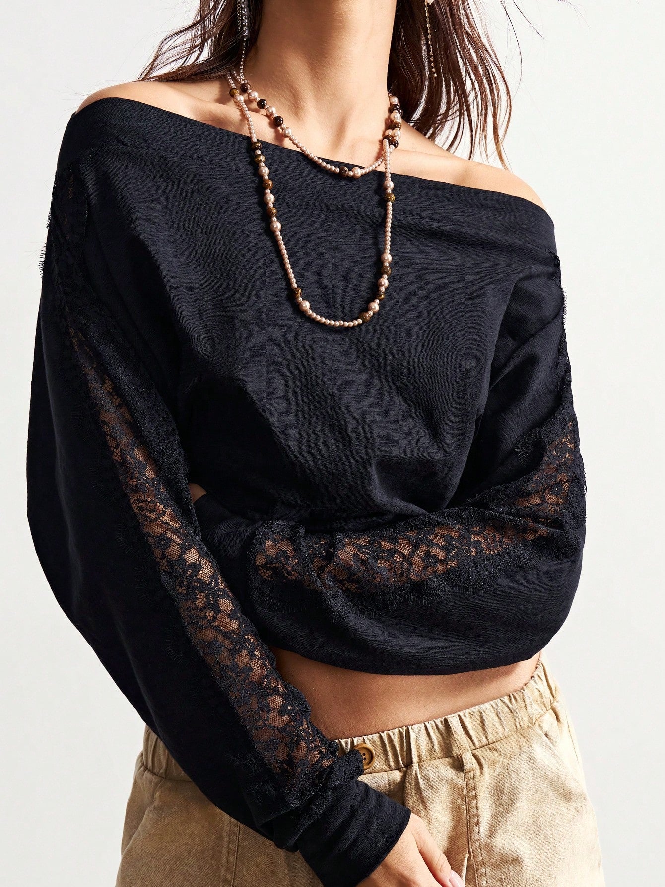 Bohemela Plus Size Women's Street Style Off-Shoulder Lace Patchwork Batwing Sleeve Fitted T-Shirt Fall