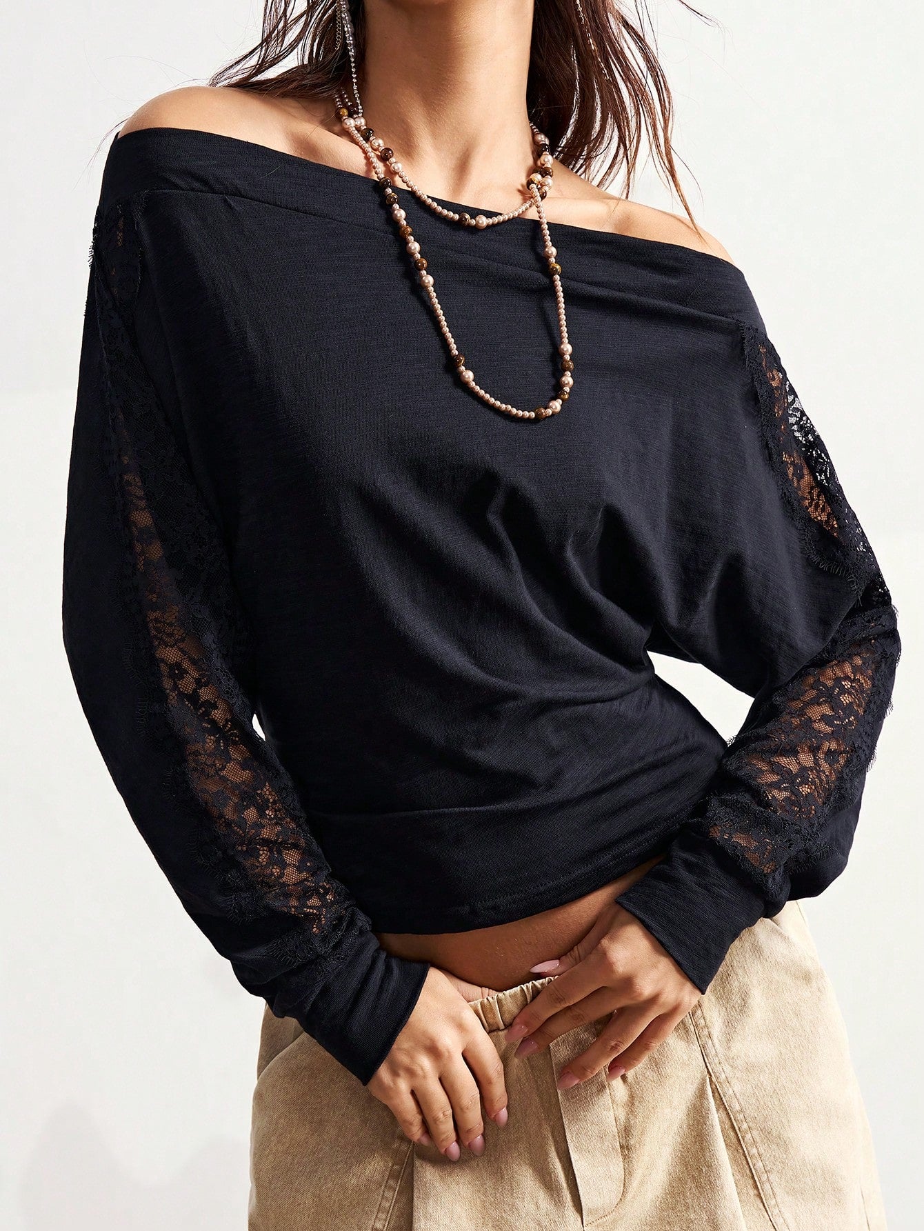 Bohemela Plus Size Women's Street Style Off-Shoulder Lace Patchwork Batwing Sleeve Fitted T-Shirt Fall
