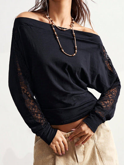 Bohemela Plus Size Women's Street Style Off-Shoulder Lace Patchwork Batwing Sleeve Fitted T-Shirt Fall
