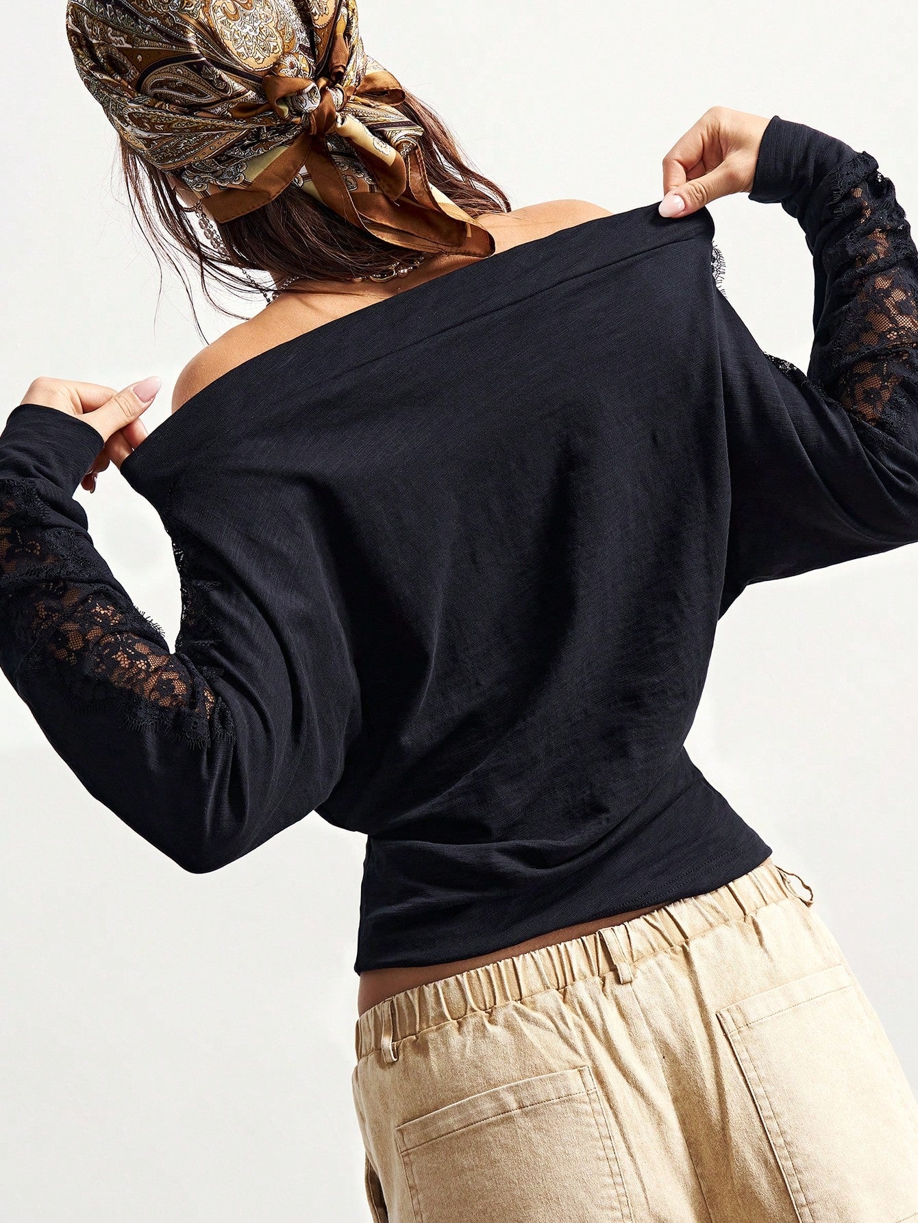 Bohemela Plus Size Women's Street Style Off-Shoulder Lace Patchwork Batwing Sleeve Fitted T-Shirt Fall