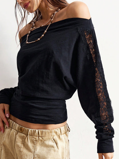 Bohemela Plus Size Women's Street Style Off-Shoulder Lace Patchwork Batwing Sleeve Fitted T-Shirt Fall