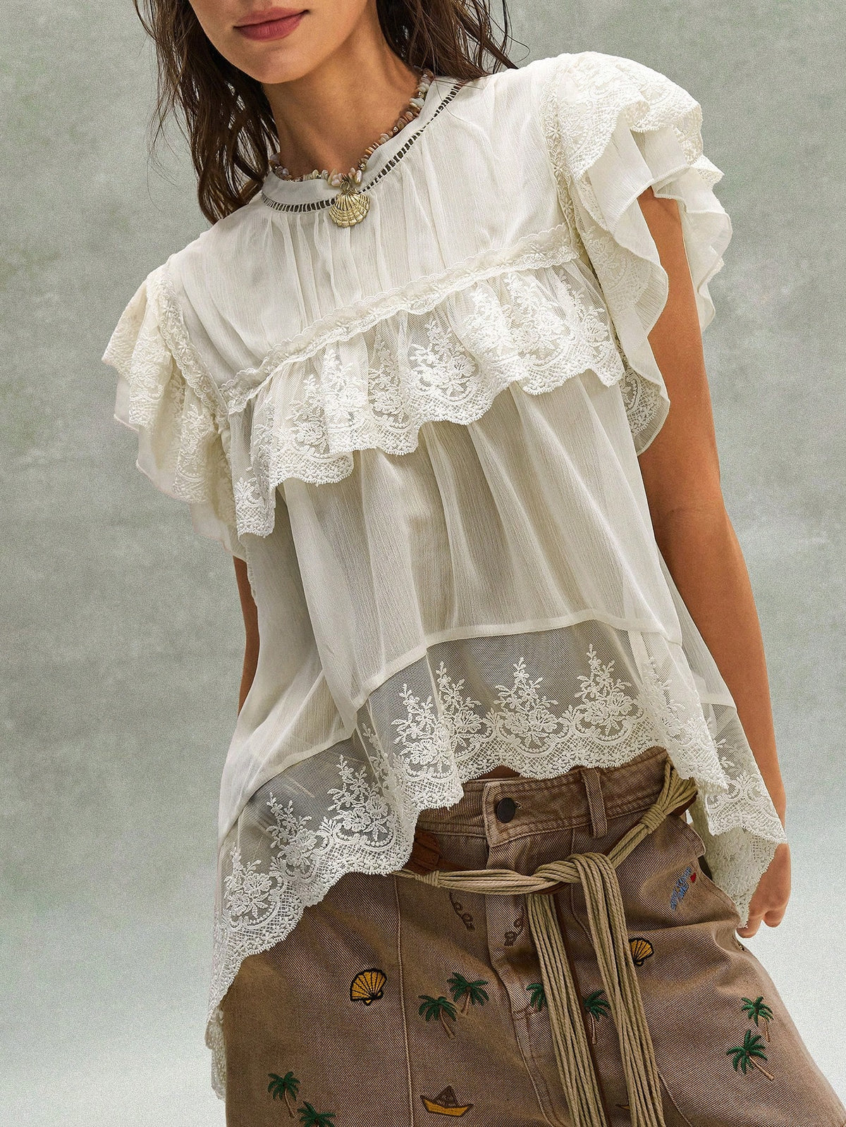 Bohemela Women's Off-White Summer Boho Holiday Vacation Holiday French Embroidered Ruffled Lace Patchwork Blouse,Music Festival Bohemian Beach Top