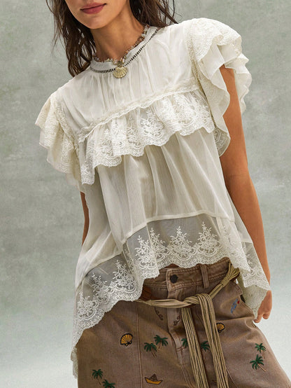 Bohemela Women's Off-White Summer Boho Holiday Vacation Holiday French Embroidered Ruffled Lace Patchwork Blouse,Music Festival Bohemian Beach Top