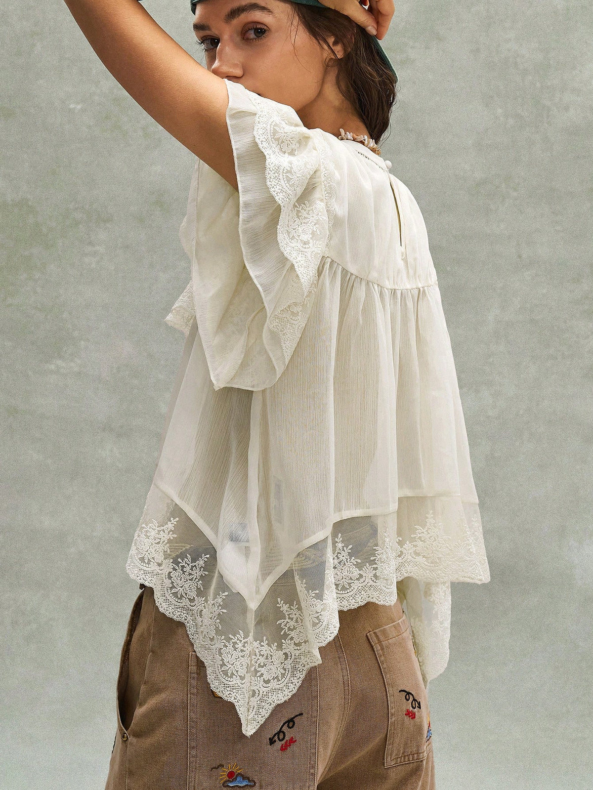 Bohemela Women's Off-White Summer Boho Holiday Vacation Holiday French Embroidered Ruffled Lace Patchwork Blouse,Music Festival Bohemian Beach Top