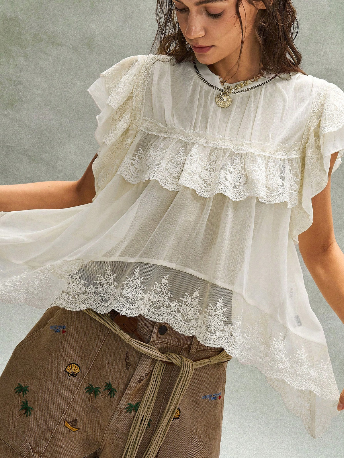 Bohemela Women's Off-White Summer Boho Holiday Vacation Holiday French Embroidered Ruffled Lace Patchwork Blouse,Music Festival Bohemian Beach Top