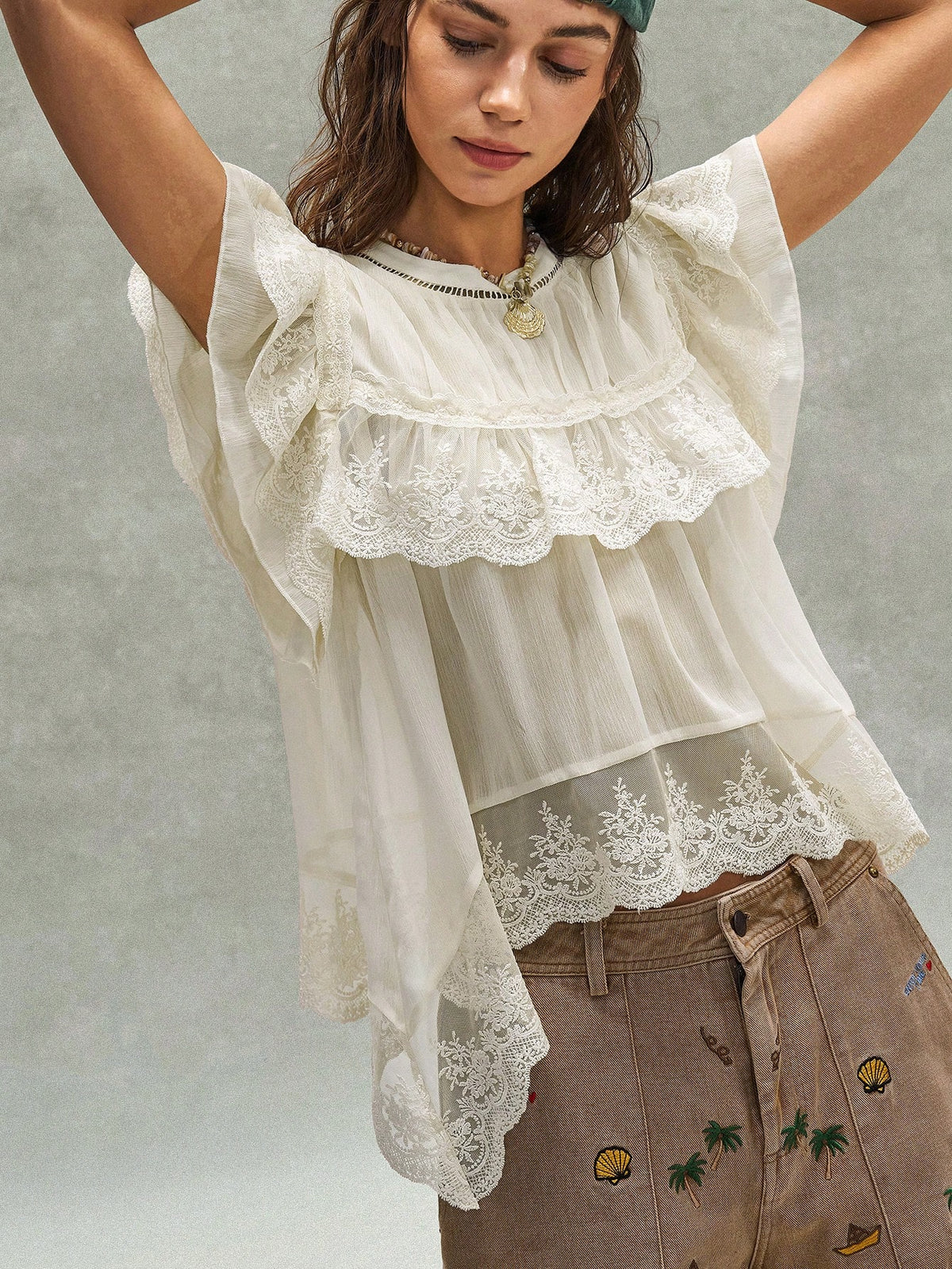 Bohemela Women's Off-White Summer Boho Holiday Vacation Holiday French Embroidered Ruffled Lace Patchwork Blouse,Music Festival Bohemian Beach Top