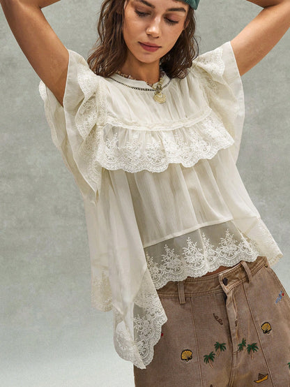 Bohemela Women's Off-White Summer Boho Holiday Vacation Holiday French Embroidered Ruffled Lace Patchwork Blouse,Music Festival Bohemian Beach Top