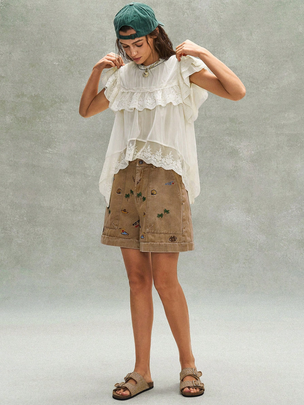 Bohemela Women's Off-White Summer Boho Holiday Vacation Holiday French Embroidered Ruffled Lace Patchwork Blouse,Music Festival Bohemian Beach Top