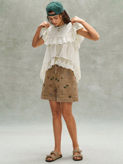 Bohemela Women's Off-White Summer Boho Holiday Vacation Holiday French Embroidered Ruffled Lace Patchwork Blouse,Music Festival Bohemian Beach Top