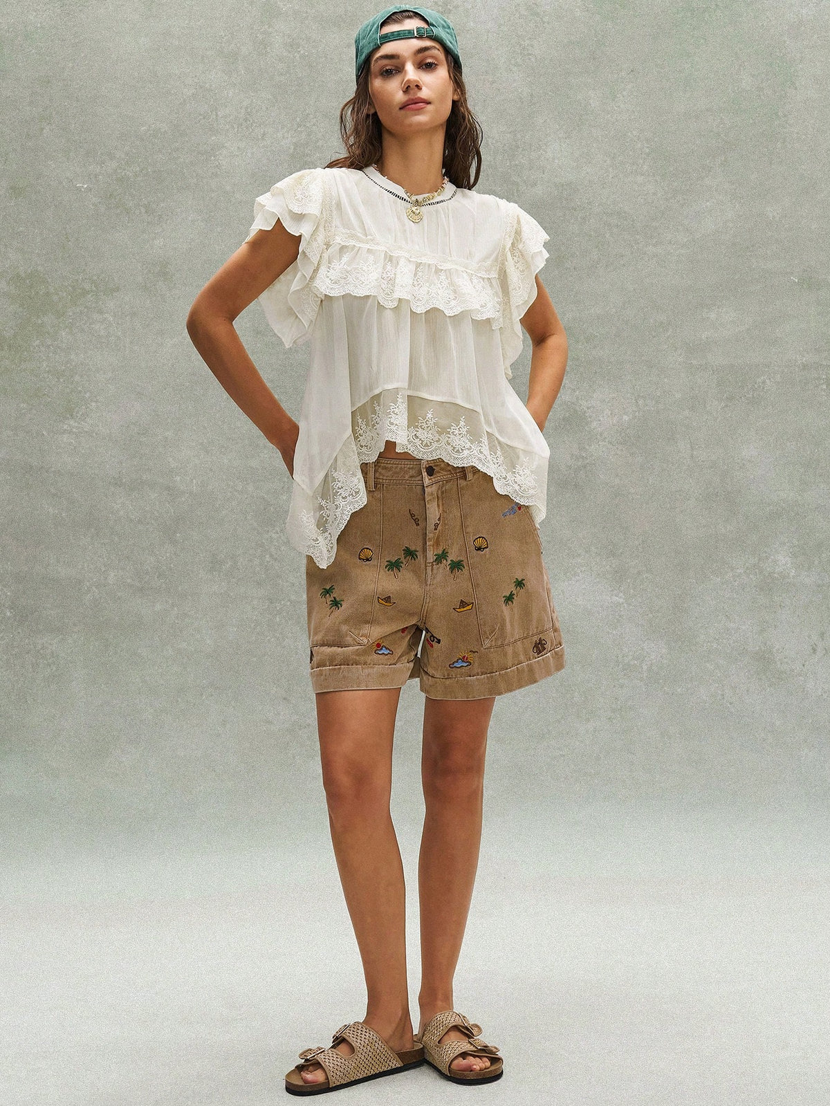 Bohemela Women's Off-White Summer Boho Holiday Vacation Holiday French Embroidered Ruffled Lace Patchwork Blouse,Music Festival Bohemian Beach Top
