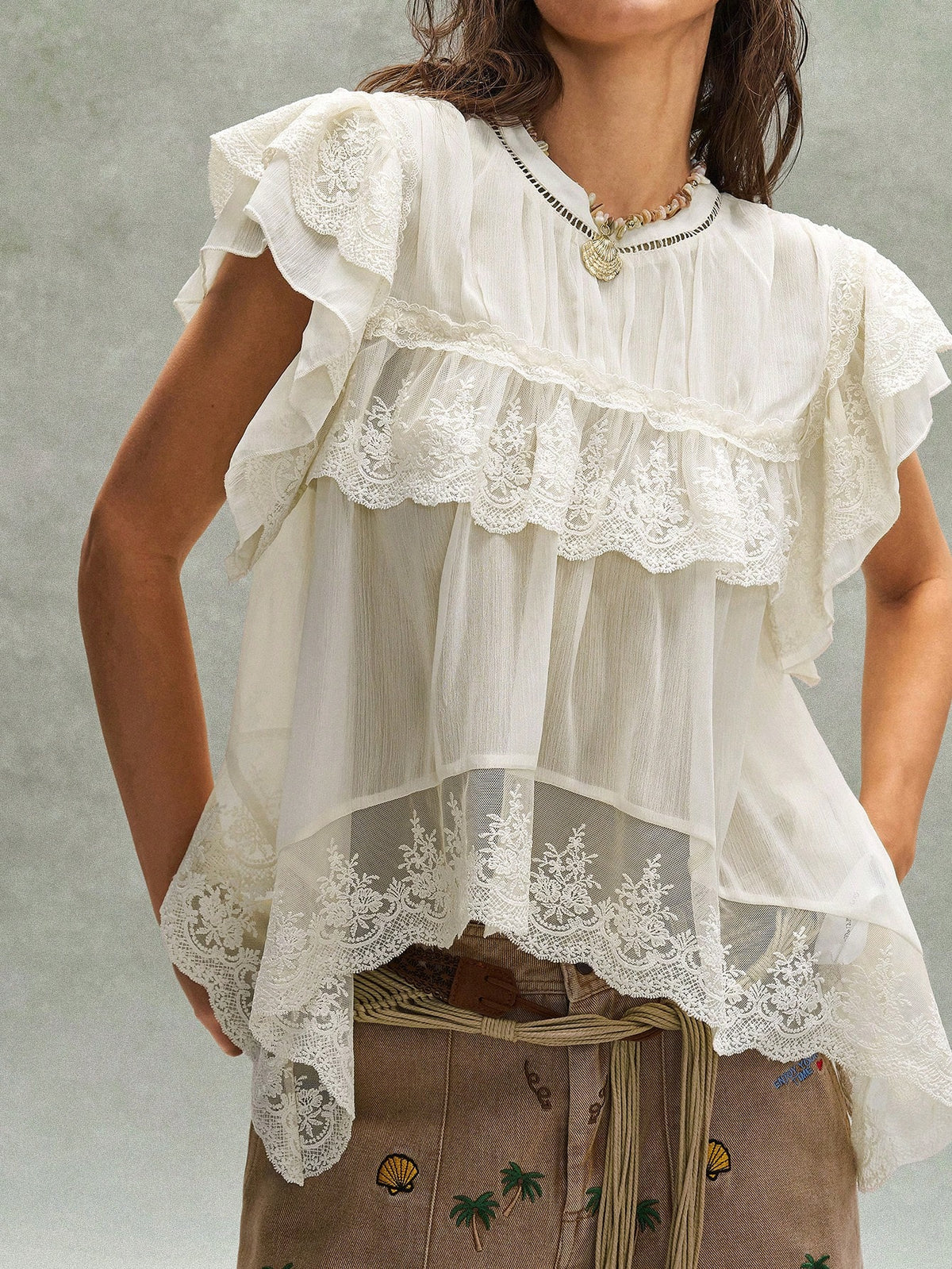 Bohemela Women's Off-White Summer Boho Holiday Vacation Holiday French Embroidered Ruffled Lace Patchwork Blouse,Music Festival Bohemian Beach Top