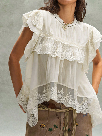 Bohemela Women's Off-White Summer Boho Holiday Vacation Holiday French Embroidered Ruffled Lace Patchwork Blouse,Music Festival Bohemian Beach Top