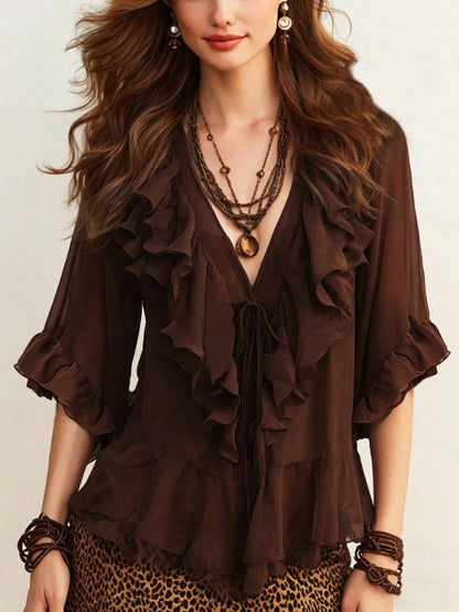 Bohemian Brown Chiffon Ruffle Blouse, V-Neck Tie Front 3/4 Sleeve Sheer Flowy Top Summer
