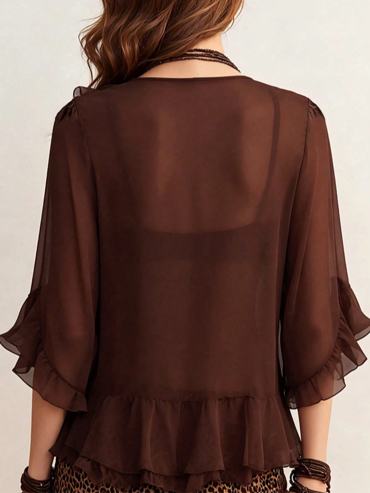 Bohemian Brown Chiffon Ruffle Blouse, V-Neck Tie Front 3/4 Sleeve Sheer Flowy Top Summer