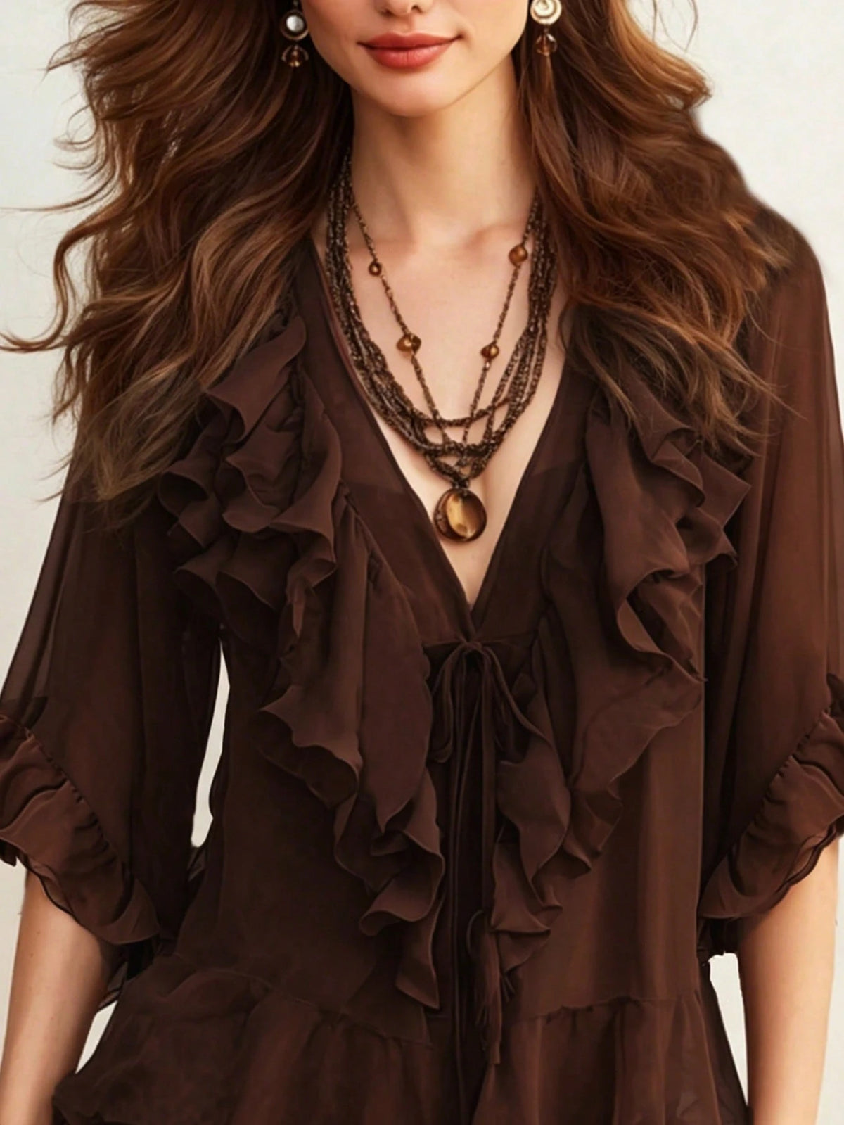 Bohemian Brown Chiffon Ruffle Blouse, V-Neck Tie Front 3/4 Sleeve Sheer Flowy Top Summer