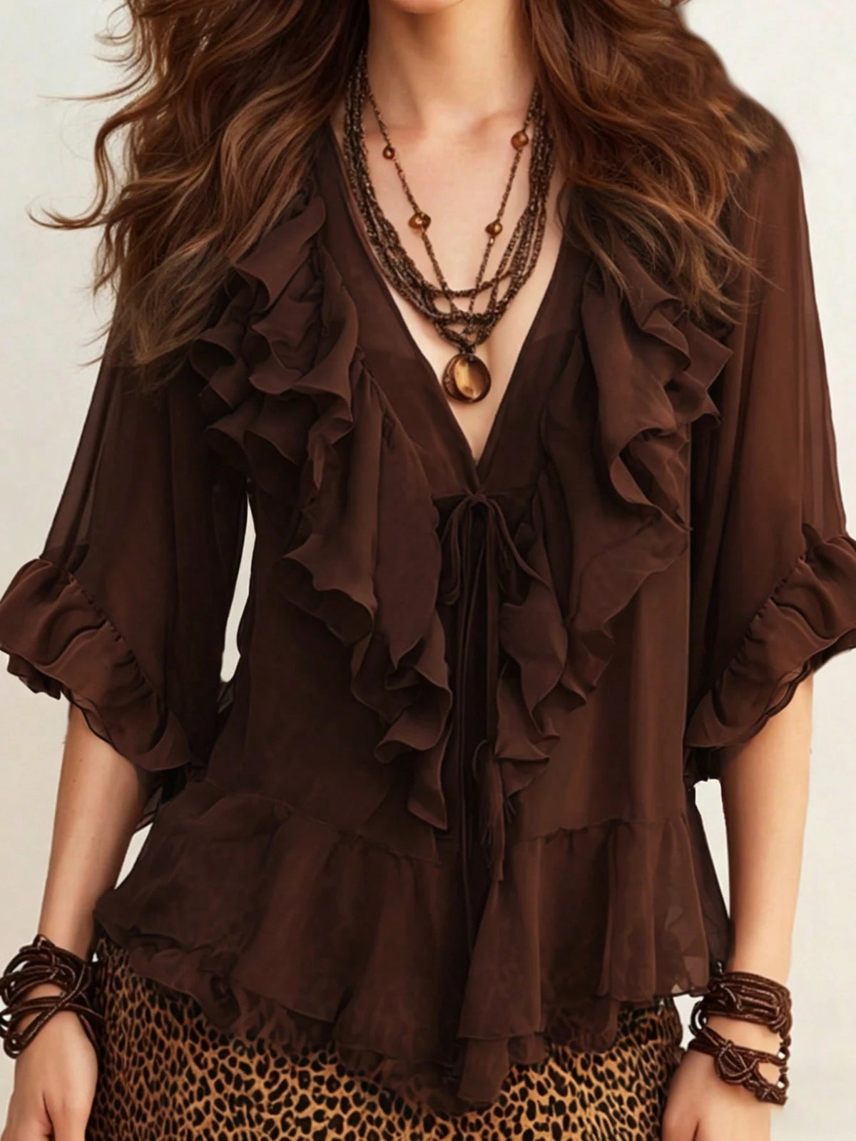 Bohemian Brown Chiffon Ruffle Blouse, V-Neck Tie Front 3/4 Sleeve Sheer Flowy Top Summer