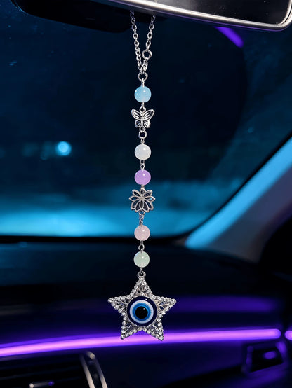 Bohemian Colorful Gemstone Bead Car Rearview Mirror Hanging Ornament, Rhinestone Five-Pointed Star Eye Pendant With Butterfly Hollow Flower Metal Accessory, Colorful Beaded Car Rearview Mirror Hanging