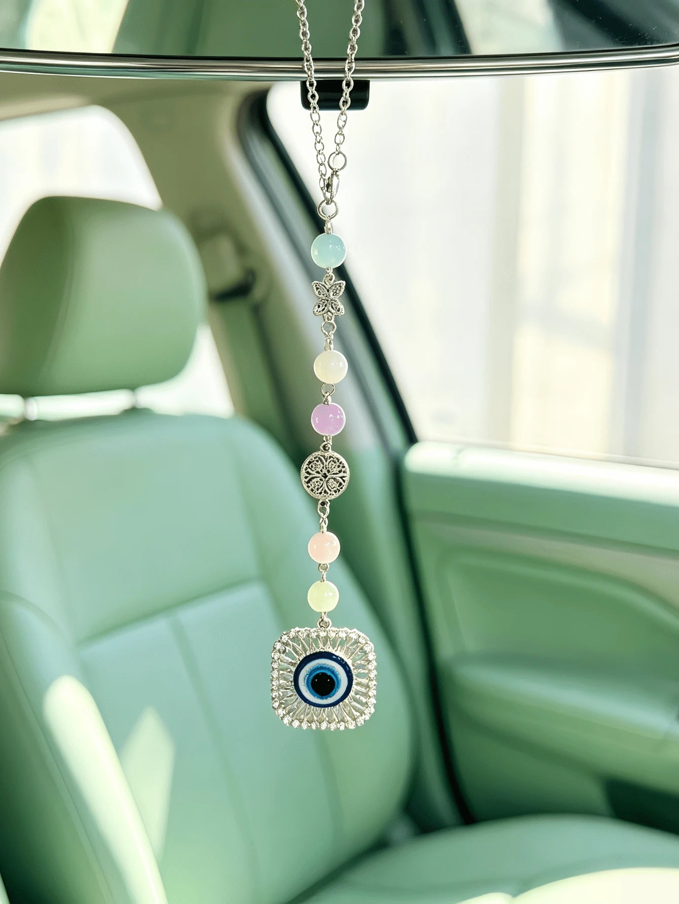 Bohemian Colorful Gemstone Bead Car Rearview Mirror Hanging Ornament, Rhinestone Five-Pointed Star Eye Pendant With Butterfly Hollow Flower Metal Accessory, Colorful Beaded Car Rearview Mirror Hanging