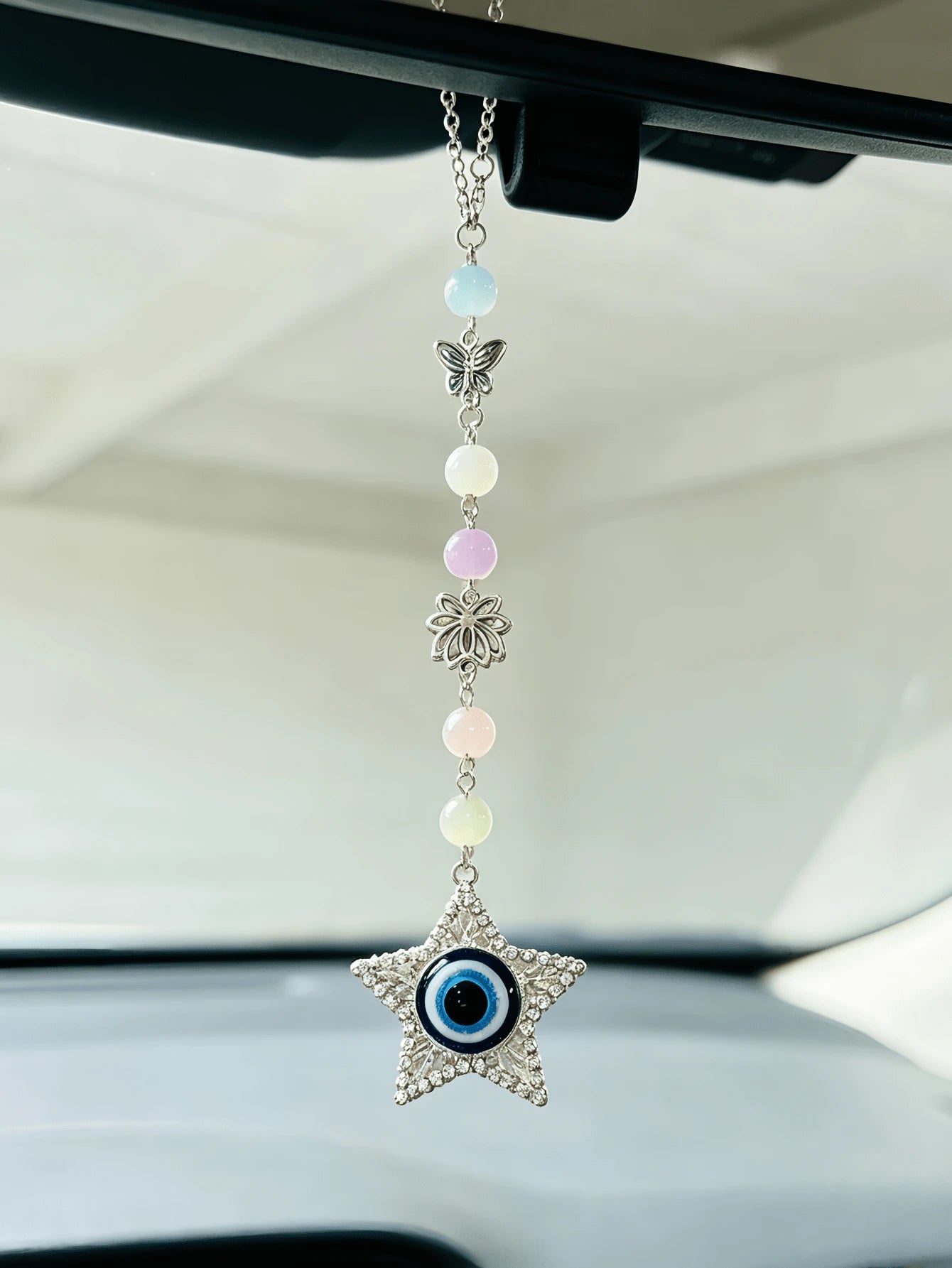 Bohemian Colorful Gemstone Bead Car Rearview Mirror Hanging Ornament, Rhinestone Five-Pointed Star Eye Pendant With Butterfly Hollow Flower Metal Accessory, Colorful Beaded Car Rearview Mirror Hanging