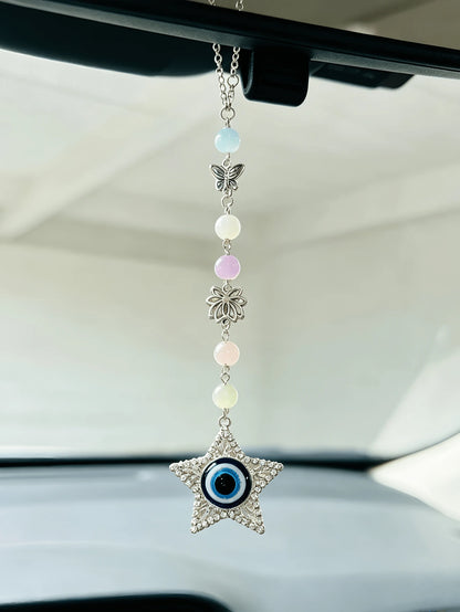 Bohemian Colorful Gemstone Bead Car Rearview Mirror Hanging Ornament, Rhinestone Five-Pointed Star Eye Pendant With Butterfly Hollow Flower Metal Accessory, Colorful Beaded Car Rearview Mirror Hanging