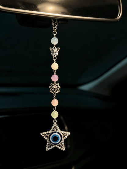 Bohemian Colorful Gemstone Bead Car Rearview Mirror Hanging Ornament, Rhinestone Five-Pointed Star Eye Pendant With Butterfly Hollow Flower Metal Accessory, Colorful Beaded Car Rearview Mirror Hanging