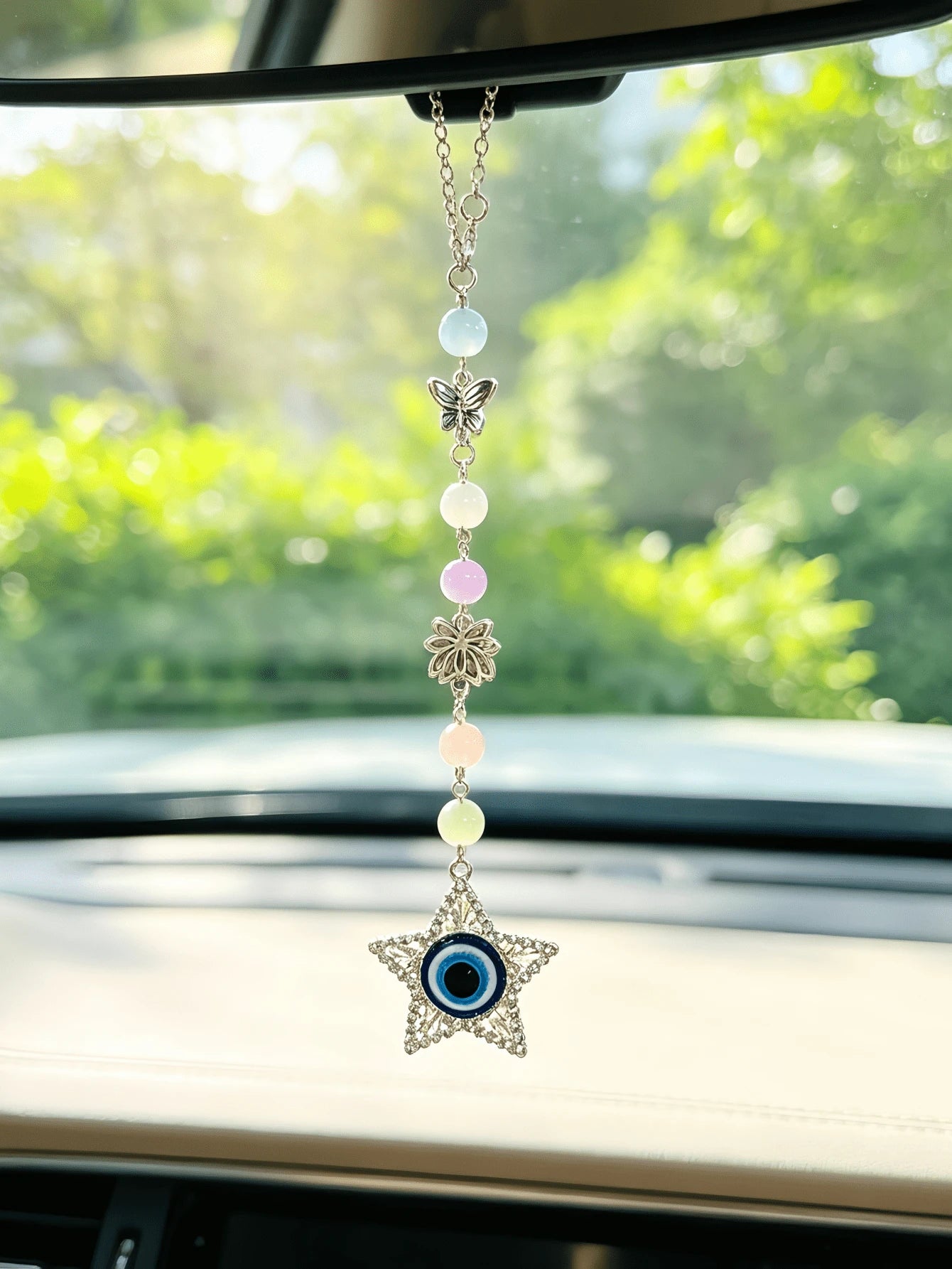 Bohemian Colorful Gemstone Bead Car Rearview Mirror Hanging Ornament, Rhinestone Five-Pointed Star Eye Pendant With Butterfly Hollow Flower Metal Accessory, Colorful Beaded Car Rearview Mirror Hanging