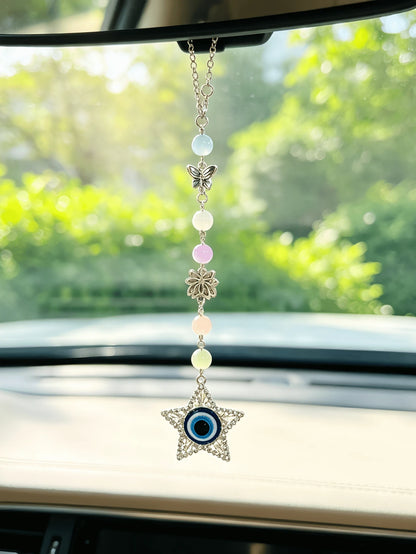 Bohemian Colorful Gemstone Bead Car Rearview Mirror Hanging Ornament, Rhinestone Five-Pointed Star Eye Pendant With Butterfly Hollow Flower Metal Accessory, Colorful Beaded Car Rearview Mirror Hanging