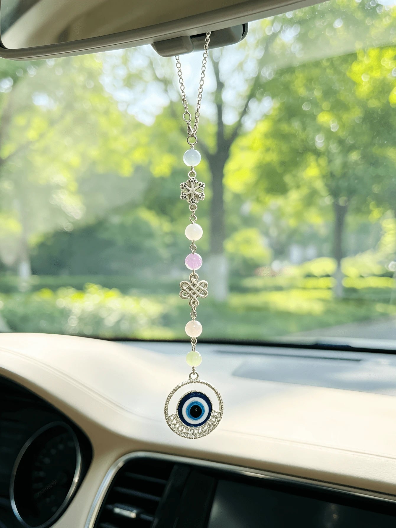 Bohemian Colorful Gemstone Bead Car Rearview Mirror Hanging Ornament, Rhinestone Five-Pointed Star Eye Pendant With Butterfly Hollow Flower Metal Accessory, Colorful Beaded Car Rearview Mirror Hanging