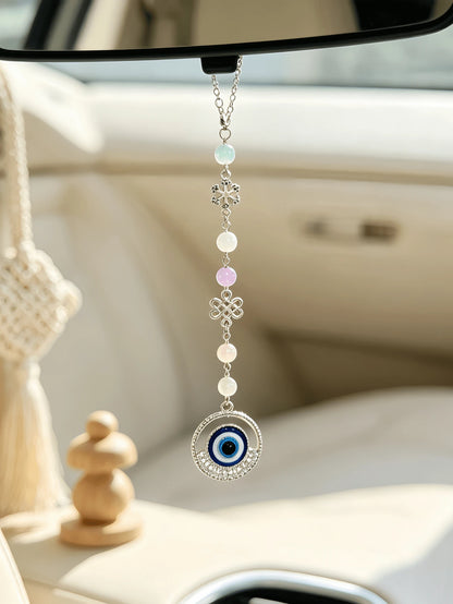 Bohemian Colorful Gemstone Bead Car Rearview Mirror Hanging Ornament, Rhinestone Five-Pointed Star Eye Pendant With Butterfly Hollow Flower Metal Accessory, Colorful Beaded Car Rearview Mirror Hanging