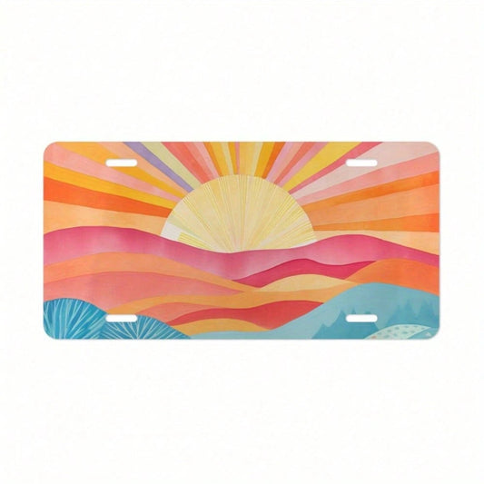 Bohemian Sunset License Plate| Vintage Sun Decorative Sign, Cute Colorful Car Accessories For Women, New Car Gift, College Style Vehicle Decoration- Aluminum 6x 12inch Polished Metal, Universal Fit