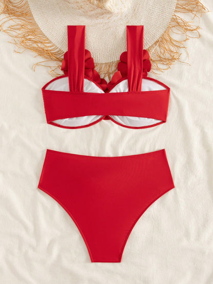 Bonvoyette Knitted Floral 3D Bikini Set, Sexy Beach Pool Party Outfit For Holiday, Christmas, New Year, Elegant Summer Swimwear For Women