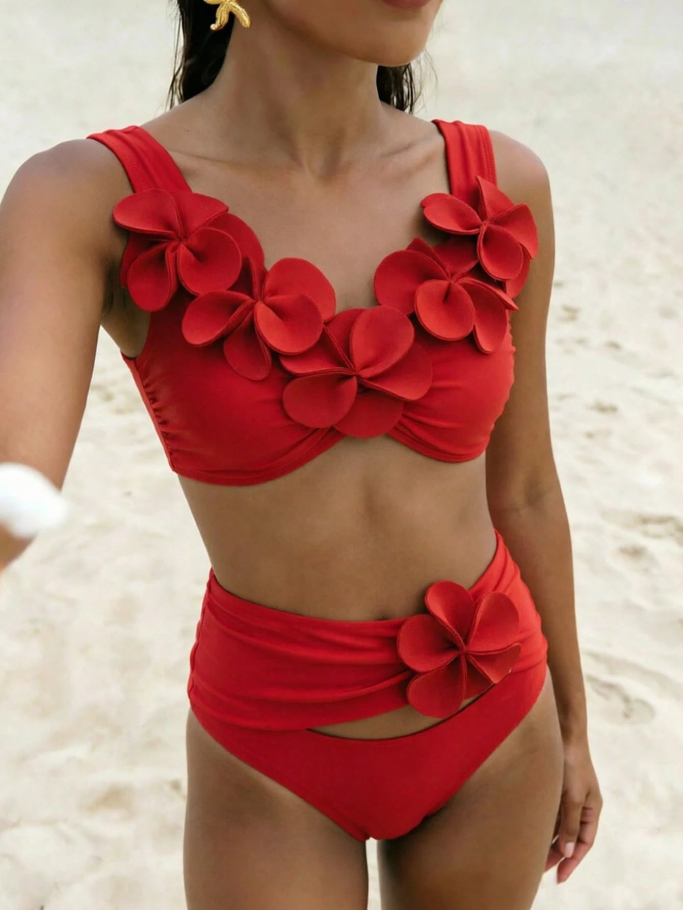 Bonvoyette Knitted Floral 3D Bikini Set, Sexy Beach Pool Party Outfit For Holiday, Christmas, New Year, Elegant Summer Swimwear For Women