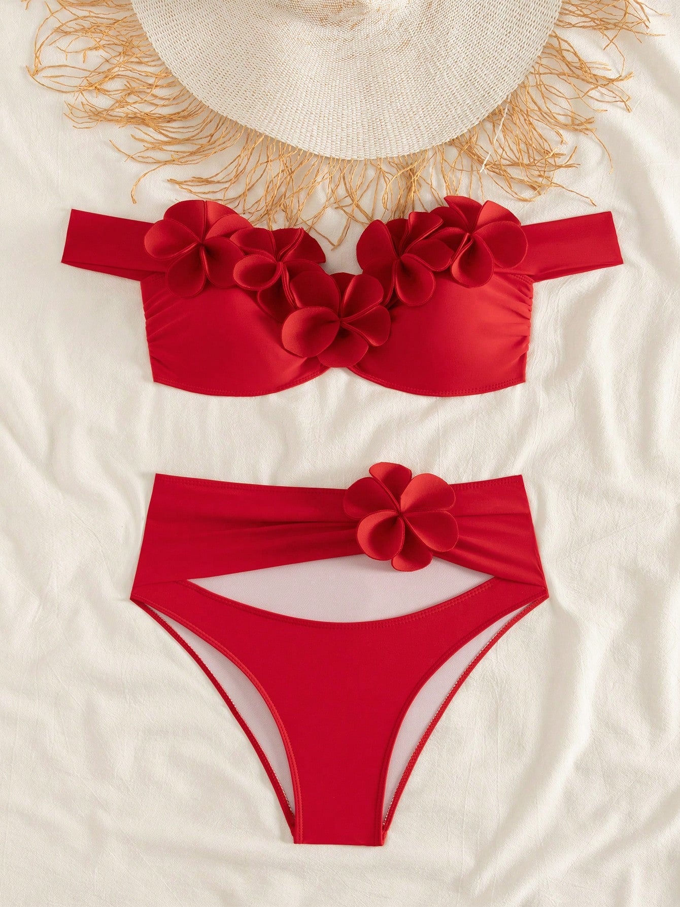 Bonvoyette Knitted Floral 3D Bikini Set, Sexy Beach Pool Party Outfit For Holiday, Christmas, New Year, Elegant Summer Swimwear For Women