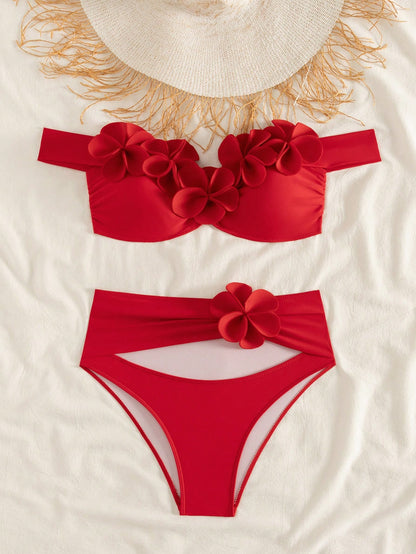 Bonvoyette Knitted Floral 3D Bikini Set, Sexy Beach Pool Party Outfit For Holiday, Christmas, New Year, Elegant Summer Swimwear For Women