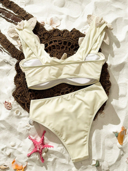 Bonvoyette Spring/Summer Girls Fashion Hot-Selling Sexy Elegant Vacation Bikini Set With Randomly Placed Starfish And Pearl Decor Beach Beige